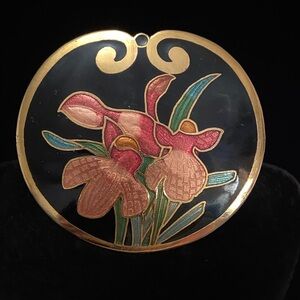 Cloisonne Belt Buckle ~ Floral Design ~ Black Enamel with Orchids